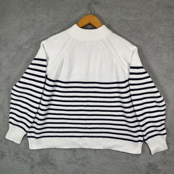 J. Crew Striped Button Mockneck Cotton Pullover Sweater White Blue XXL - Picture 2 of 10